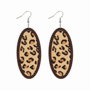 Dobbi HDE2515LBR Leopard Leather Inset Oval Wood Drop Dangling Earring