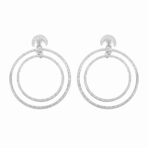 Dobbi TE0184WS Double Hammered Dangling Hoop With Crescent Post Earrin