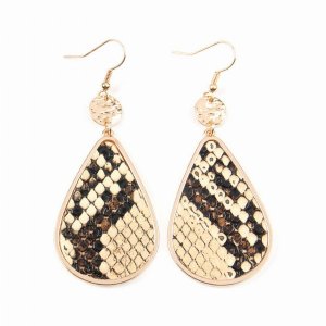 Dobbi KE-0712BR Dangling Teardrop With Animal Skin Leather Inset Earri