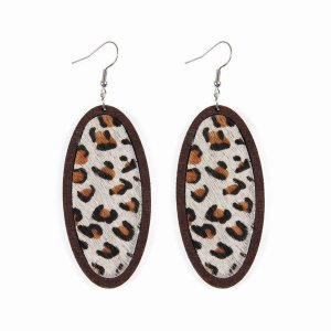 Dobbi HDE2515GY Leopard Leather Inset Oval Wood Drop Dangling Earrings