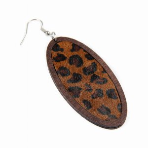 Dobbi HDE2515BR Leopard Leather Inset Oval Wood Drop Dangling Earrings