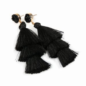 Dobbi HDE-2484BK Acrylic Druzy Post Tassel Drop Dangling Earrings ( Va