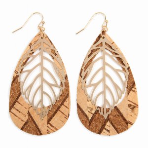 Dobbi HDE2554-1 Cork Pattern Teardrop With Metal Leaf Filigree Earring