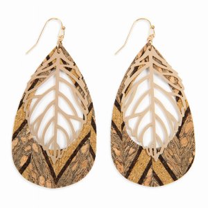 Dobbi HDE2554-5 Cork Pattern Teardrop With Metal Leaf Filigree Earring