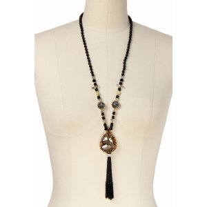 Saachiwholesale 608153 Long Black Beaded Tassel Pendant Drop Necklace 