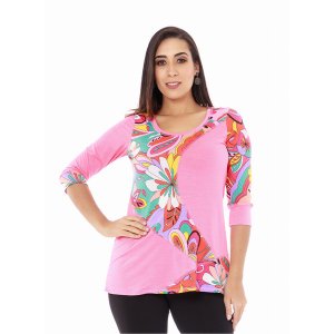 Island T532-1276-COR2 Color Block Plain And Print Combo Scoop Neck 34 