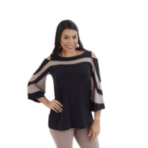 Island T504-BLK-MOCHA3 Cold Shoulder Color Block 34 Sleeves Top (pack 