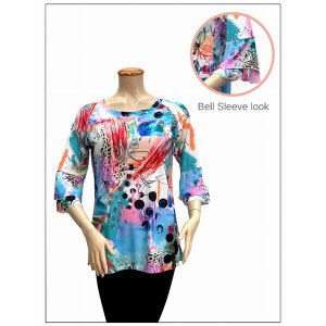 Island T1103-8016-P3 Digital Print Boat Neck Bell Sleeves Tunic Top (p