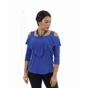 Island T362-RO-P3 Ruffle Front Cold Shoulder Top Solid Colors And Prin