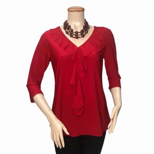 Island T604-R5 V-neck 34 Sleeve Ruffle Front Tunic Solid Color And Wit