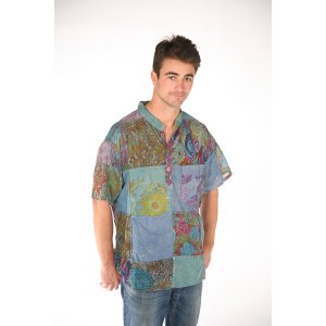 Jayli AJS98Mshirt:AJS98-blu-L Max Shirt Cotton Men's Stonewash Patchwo