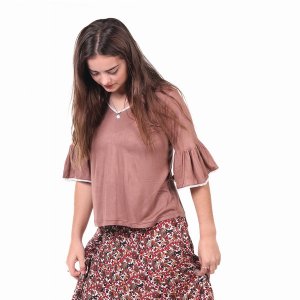 Jayli AJS87WTop:AJS87-tan-L Aria Top Viscose Bell Half Sleeve Top With