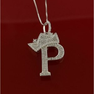 King 16362WP-A29KOB 10k White Gold Finish Crown Alphabet Silver Pendan