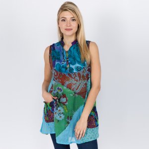 Jayli AJS34WTop:AJS34-aq-M Hilary Top Cotton Patchwork Flowy Tank Styl