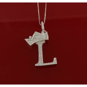 King 16362WL-A29KOB 10k White Gold Finish Crown Alphabet Silver Pendan