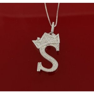 King 16362WS-A29KOB 10k White Gold Finish Crown Alphabet Silver Pendan