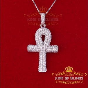 King 14093W-A19KOB 10k White Gold Finish Silver Ankh Pendant With Lab 