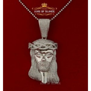 King 12922W-A119KOB 10k White Gold Finish Jesus Face Silver Pendant Ch