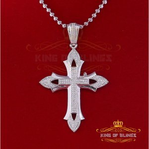 King 12767W-A39KOB 10k White Gold Finish Silver Cross Pendant With Lab