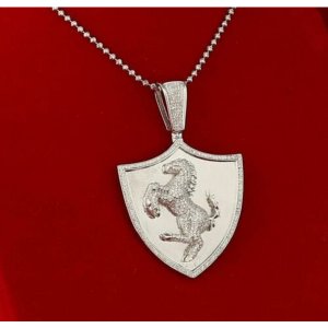 King 15396W-A69KOB 10k White Gold Finish Silver Ferrari Horse Shield P