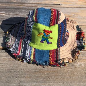 Jayli 44BEAR1Accessories:44BEAR1 Up-cycled Patchwork Hat With Frayed E