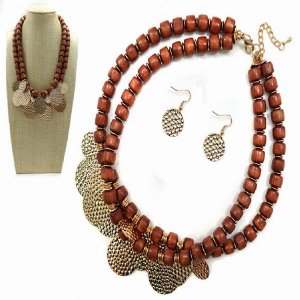 Dobbi MNE7648 Wood Bead  Metal Disc Necklace Set (2 Piece Set) (pack O