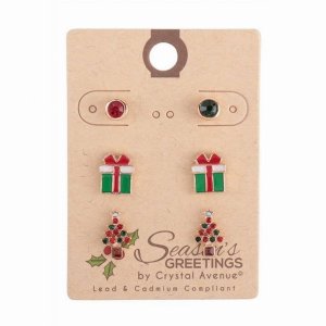 Dobbi 25616X Xmas Tree Gift Box Rhinestone Earrings (3 Piece Set) (pac