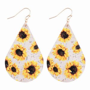 Dobbi ME20227 Sunflower Printed Cork Teardrop Fish Hook Earring (pack 