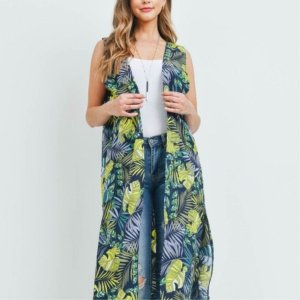 Dobbi SS1058 Tropical Leaves Print Kimono Vest (pack Of 1)