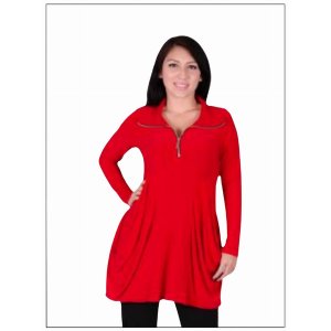 Island T627-R-P3 Tunic Long Sleeves Kangaroo Pocket Zipper Front Tunic