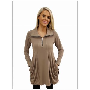 Island T627-M5 Tunic Long Sleeves Kangaroo Pocket Zipper Front Tunic I