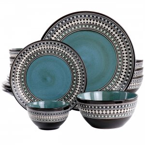 Elama ELM-BLUESAGE16 Blue Sage 16 Piece Double Bowl Stoneware Dinnerwa