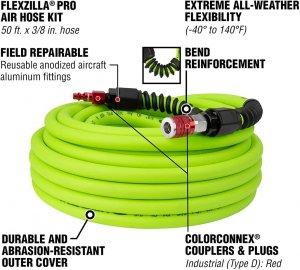 Flexzilla HFZP3850YW2D Pro Air Hose 38in X 50ft W Colorconnex Coupler 