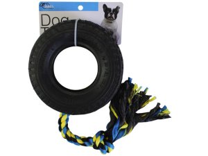 Bulk HC491 Rubber Tire Chew Ring With Braided Rope Pet Toy