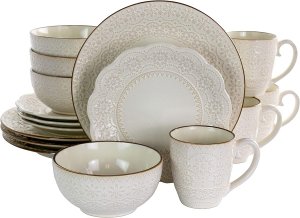 Elama EL-CONTESSA Embossed Scalloped Stoneware Dinnerware Dish Set, 16