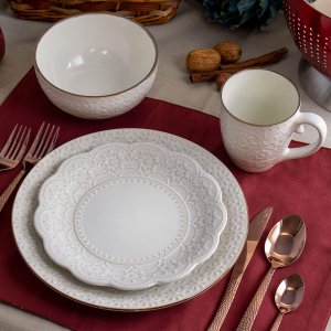 Elama EL-CONTESSA Embossed Scalloped Stoneware Dinnerware Dish Set, 16