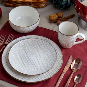 Elama EL-HONEYIVORY Geometric Embossed Stoneware Honeycomb Pattern Tab