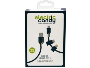 Bulk AA883 Electric Candy 3-in-1 Iphone Micro Usb Amp; Type C Cable In