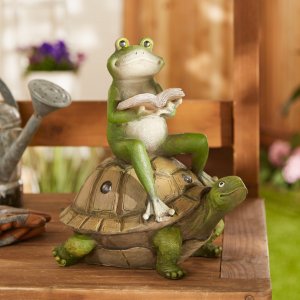 Summerfield 10018964 Frog Reading On Turtle Solar Garden Light