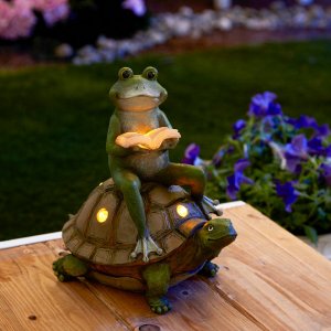 Summerfield 10018964 Frog Reading On Turtle Solar Garden Light