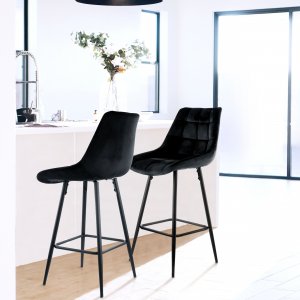 Elama ELM-222-BLK 2 Piece Velvet Tufted Bar Chair In Black With Metal 