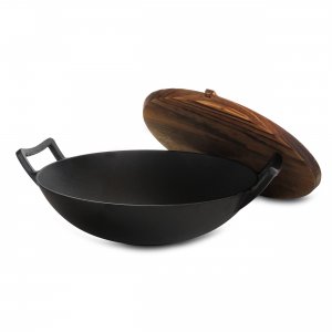 Megachef MCCI-800 2 Piece 14 Inch Heavy Duty Cast Iron Wok With Wood L