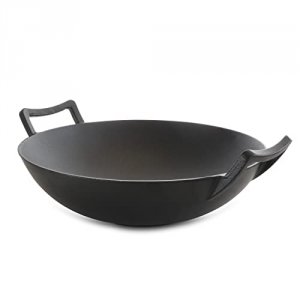 Megachef MCCI-800 2 Piece 14 Inch Heavy Duty Cast Iron Wok With Wood L