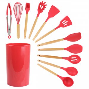 Megachef MGSP-570 Red Silicone And Wood Cooking Utensils, Set Of 12