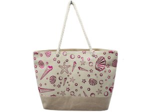 Bulk GA051 20quot;x13quot; Zip Closure Beach Print Canvas Bag With Rop