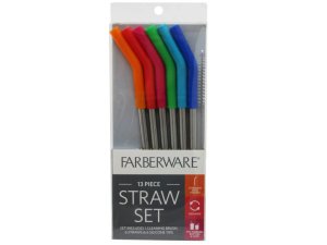 Bulk AB822 Farberware 13 Piece Stainless Steel Straw Set With Silicone