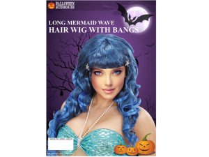 Bulk AB259 Long Blue Mermaid Wave Hair Wig With Bangs