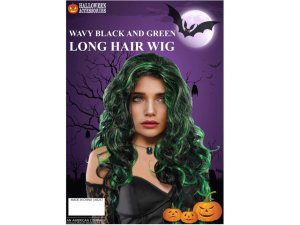 Bulk AB257 Wavy Black Long Hair Wig With Green Streaks