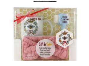 Bulk AC821 Sip And Spa 3 Piece Gift Set With Coffee Mug Cosmetic Headb