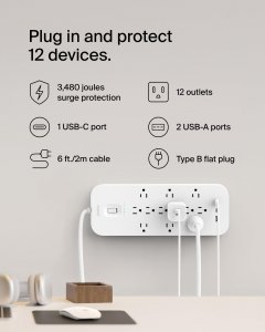 Belkin SRA007p12tt6 12 Outlet 6 Cord Usb A C